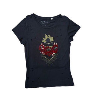 (NWOT) GUESS Black Metallic Studded T-Shirt | Velvet Appliqué Ripped Tee | Small